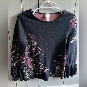 Chicos Floral Jacquard Embroidered Pullover Top 0 Bell Sleeve Stretchy Sweater